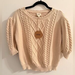 BiBi Vintage Washed Cable Knit Short Sleeve Sweater